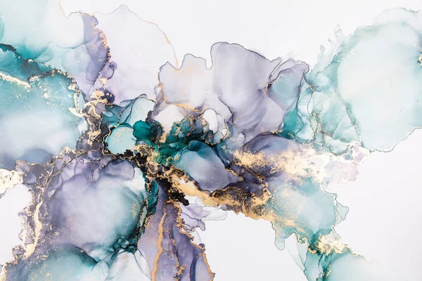 Soyut akışkan sanat. Tuvale alkol mürekkebi dökülmüş. Kırmızı, cyan ve altın