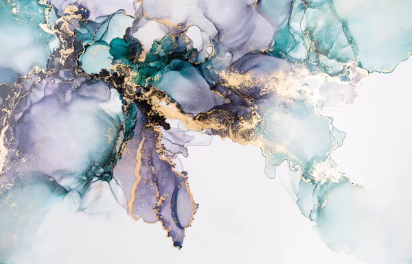 Soyut akışkan sanat. Tuvale alkol mürekkebi dökülmüş. Kırmızı, cyan ve altın