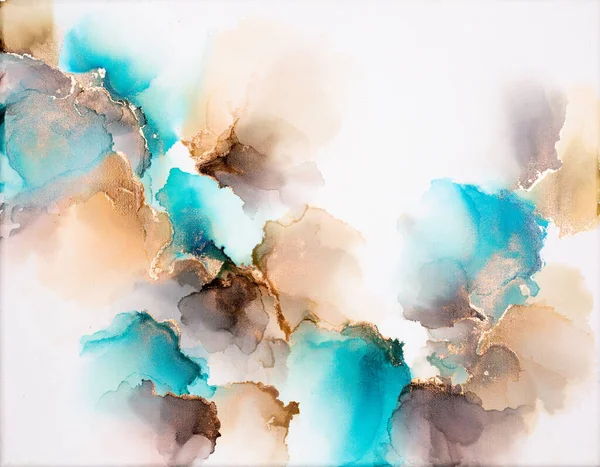 Soyut akışkan sanat. Tuvale alkol mürekkebi dökülmüş. Kahverengi, cyan ve altın