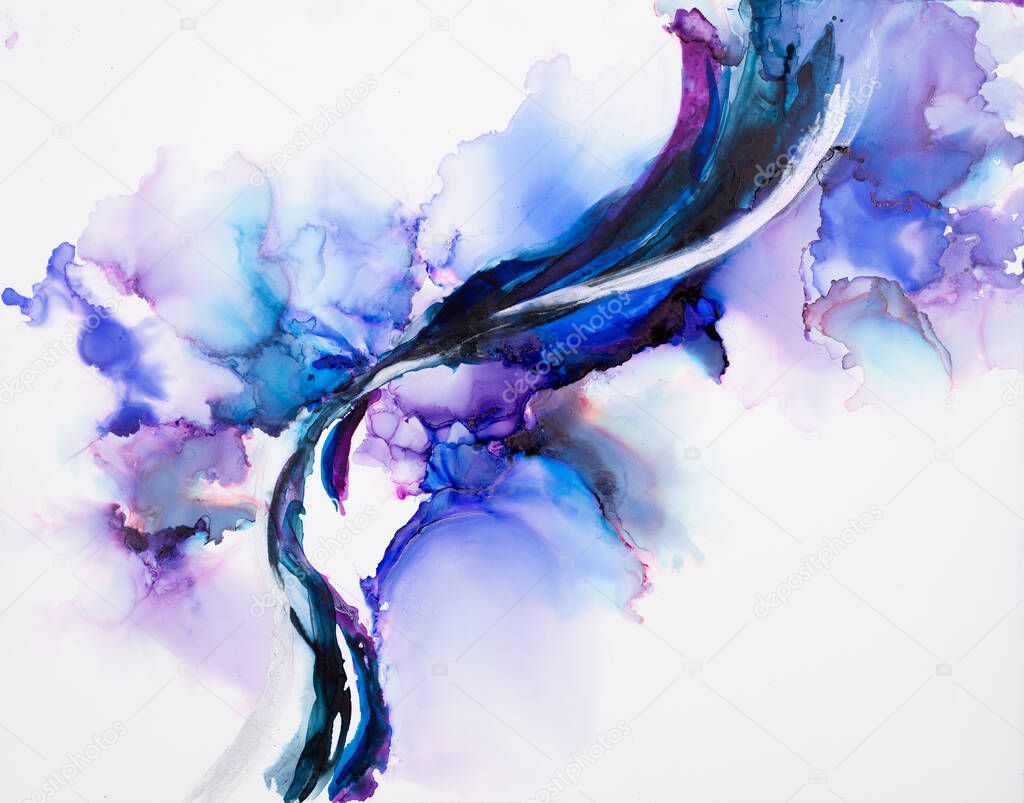 Abstract fluid art. Alcohol ink on canvas. Blue, purple, and gol