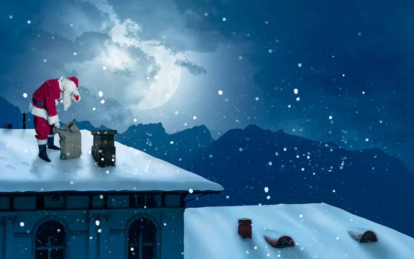 santa on a snow-covered roof with gifts sack is exhaused from work