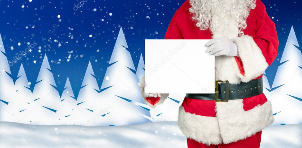 santa holds an empty white sign for advertising in the camera wintery background with snowflakes
