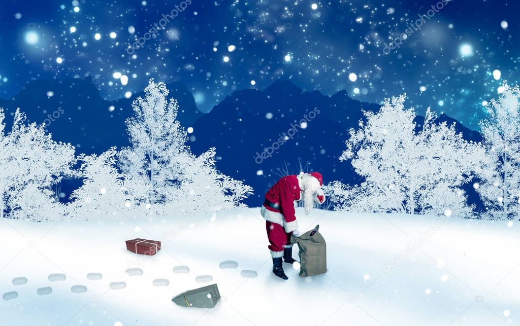 christmas card about santa claus has lost his gifts in a snowy landscape