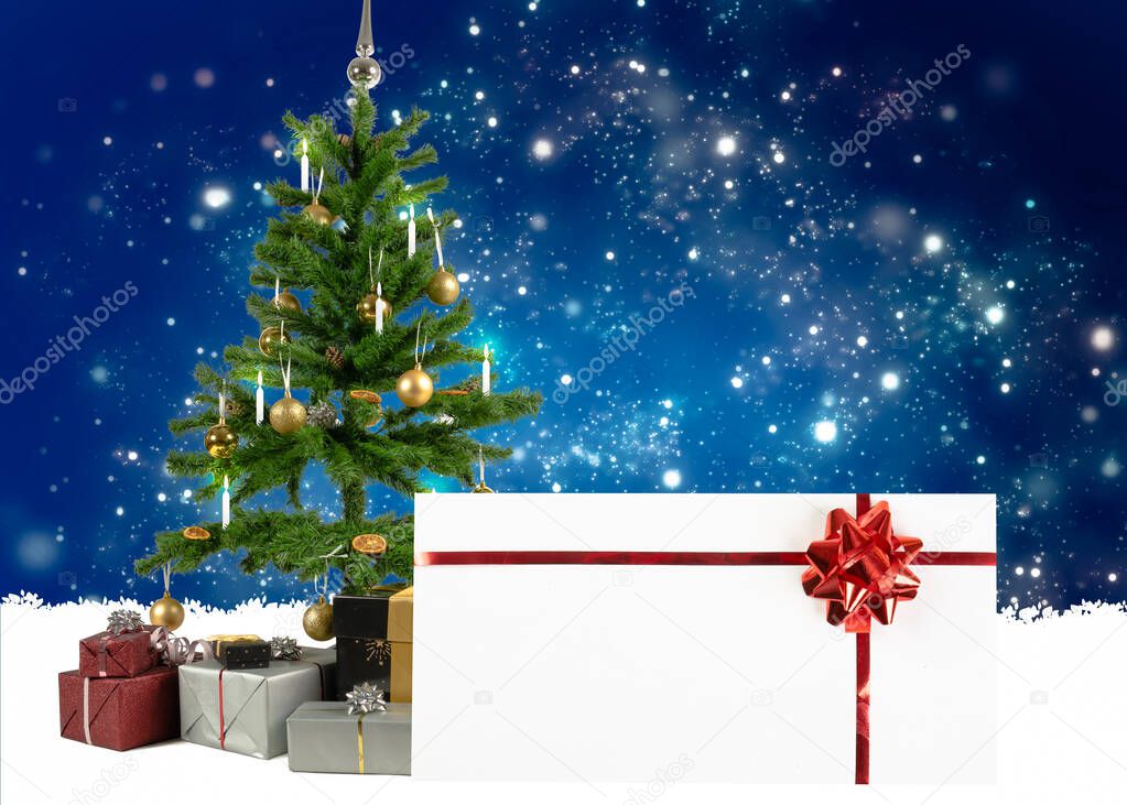 Christmas greeting card with a Christmas tree and envelope on blue background with snowflakes