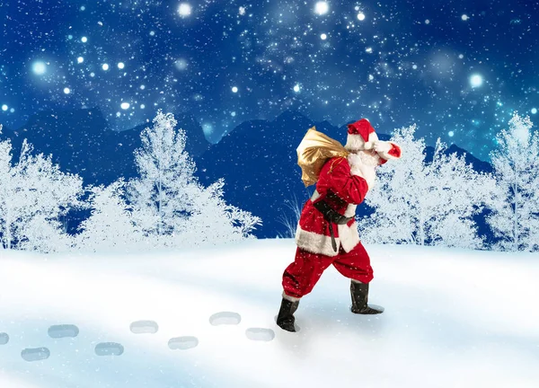 Chegada Santa Claus Que Entrega Seus Presentes Uma Paisagem Invernal — Fotografia de Stock