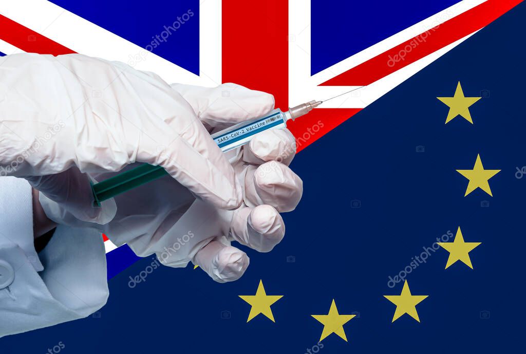 an image of split flags of europe and uk with a covid 19 vaccine syringe in the foreground