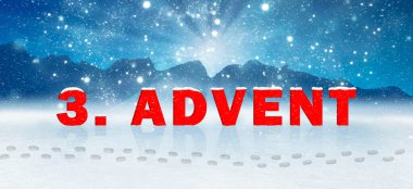 Metni olan bir manzara manzarası. Derin karda üçüncü gelişi.