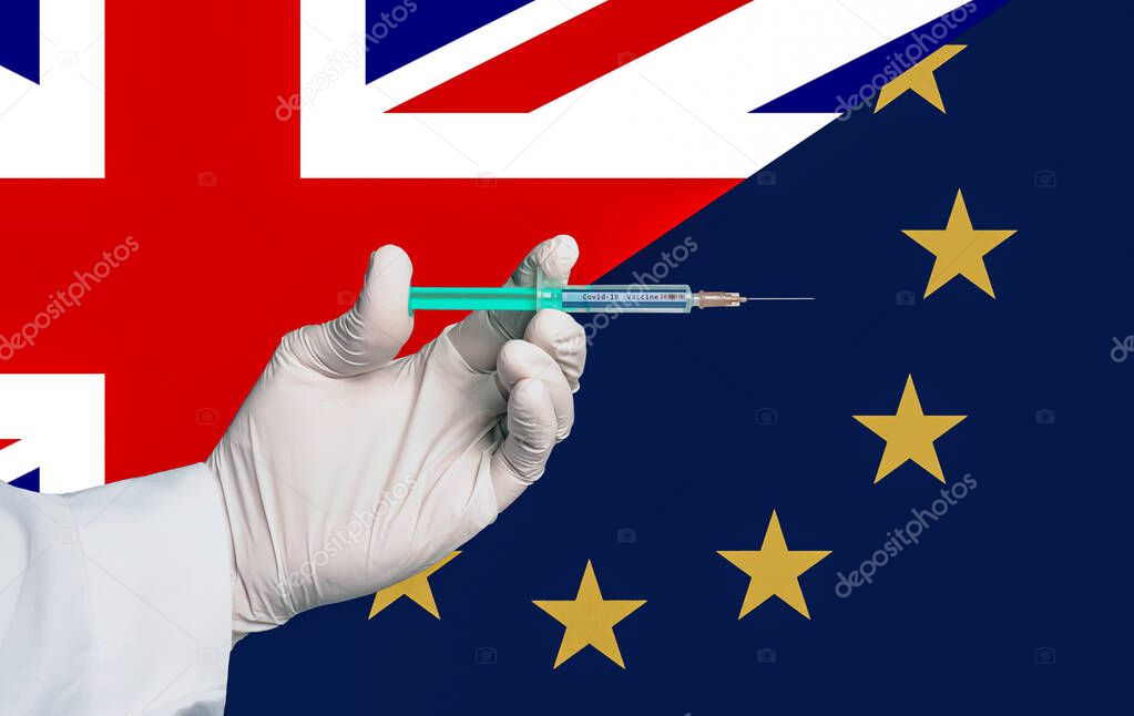 a symbolic image of europe and uk with a covid 19 vaccine syringe in the foreground