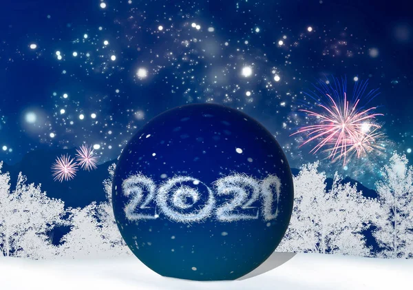 a New Year\'s Eve illustration with year 2021 and fireworks on a wintery background