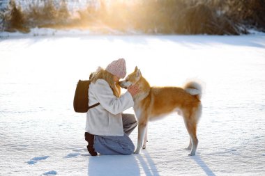Genç bir kız, karlı bir kış gününde dışarıda Akita Inu köpeğine sarılıyor, sıcak güneş ışığı, duygusal arkadaşlık ve güven anı, metin için fotokopi alanı ile yatay görüntü.