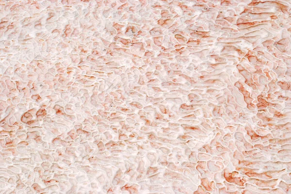 Türkiye 'nin Pamukkale kentindeki pembe mineral yataklarının ve travertin dokusunun yakın çekim makrosu. Termal sular ve kireçtaşı mineralleri, UNESCO Dünya Mirası sitesi tarafından oluşturulan doğal soyut desen.