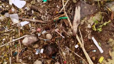 Kumsalda çöp ve çamur yığını, yakın görüş