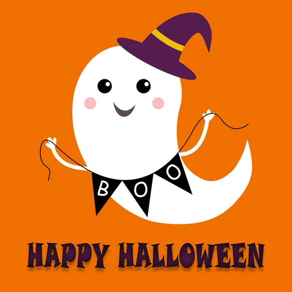 Flying ghost spirit holding bunting flag Boo. Witch hat. Happy Halloween. Scary white ghosts. Cute cartoon spooky character. Smiling face, hands. Orange background. Greeting card.