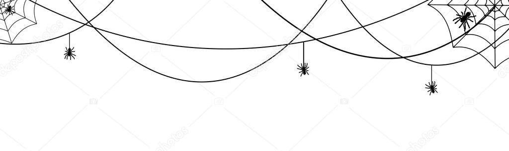 Halloween spiderweb border with hanging spiders. background for october night party and invitations