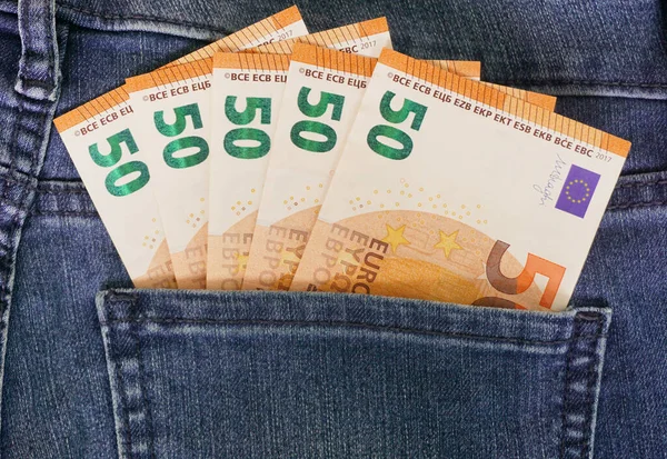 Notas Novas Notas Euro Bolso Trás Das Calças Ganga Azuis — Fotografia de Stock