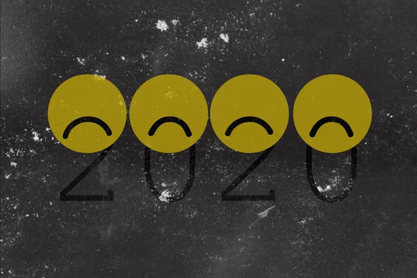 Yükleme simgesi ile 2020 yılı üzücü geçti. Yeni yıl arifesi 2021 'e yaklaşırken sarı hüzünlü gülümsemeler. 2020 ile siyah illüstrasyon.