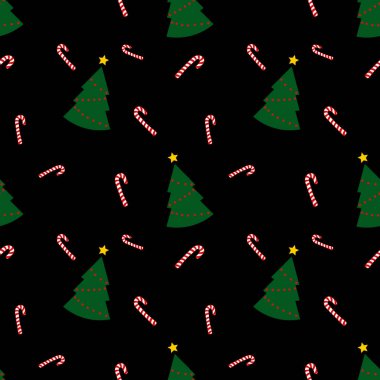 Yeşil Noel ağaçları ve siyah arka planda şeker kamışı olan kusursuz bir desen. Soyut duvar kâğıdı, ambalaj dekorasyonu. Mutlu Noeller, mutlu yıllar..