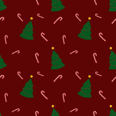 Yeşil Noel ağaçları ve kırmızı arka planda şeker kamışı olan kusursuz bir desen. Soyut duvar kâğıdı, ambalaj dekorasyonu. Mutlu Noeller, mutlu yıllar..