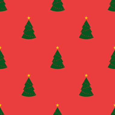 Kusursuz desenli yeşil Noel ağaçları ve kırmızı arka planda ışıklar. Soyut duvar kâğıdı, ambalaj dekorasyonu. Mutlu Noeller, mutlu yıllar..