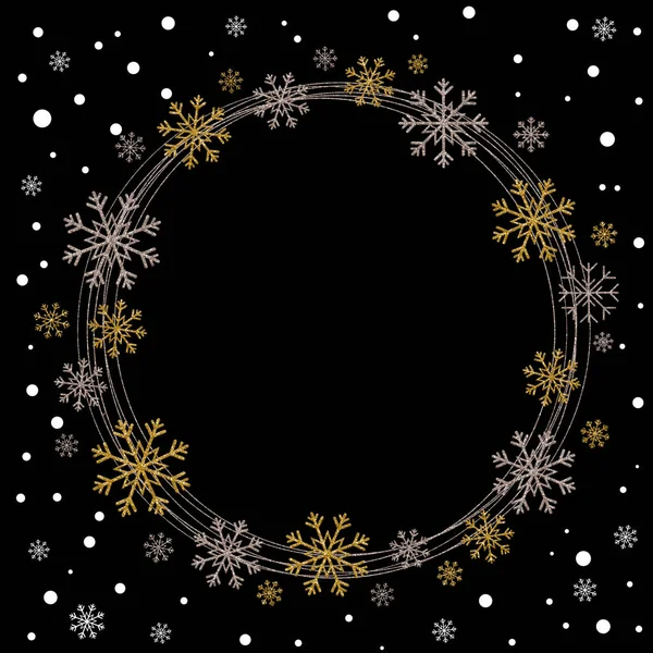 Yılbaşı balosu, siyah arka plandaki yazılar için boş yeri olan kar tanelerinden yapılır. Noel ve Yeni Yıl illüstrasyonu.