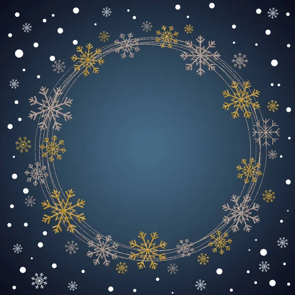 Kar tanelerinden yapılmış bir Noel balosu ve mesaj için boş bir yer. Noel ve Yeni Yıl mavi eğimli arka plan.