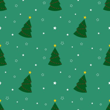Yeşil Noel ağaçları ve yeşil arka planda yıldızlar olan kusursuz bir desen. Soyut duvar kâğıdı, ambalaj dekorasyonu. Mutlu Noeller, mutlu yıllar..