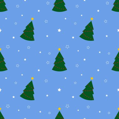 Yeşil Noel ağaçları ve mavi arka planda yıldızlar olan kusursuz bir desen. Soyut duvar kâğıdı, ambalaj dekorasyonu. Mutlu Noeller, mutlu yıllar..