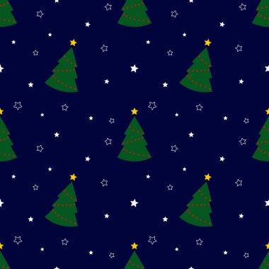Yeşil Noel ağaçları ve mavi arka planda yıldızlar olan kusursuz bir desen. Soyut duvar kâğıdı, ambalaj dekorasyonu. Mutlu Noeller, mutlu yıllar..