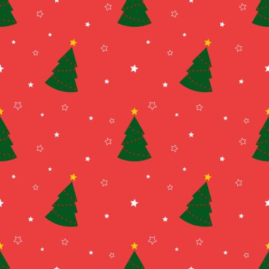 Yeşil Noel ağaçları ve kırmızı arka planda yıldızlar olan kusursuz bir desen. Soyut duvar kâğıdı, ambalaj dekorasyonu. Mutlu Noeller, mutlu yıllar..