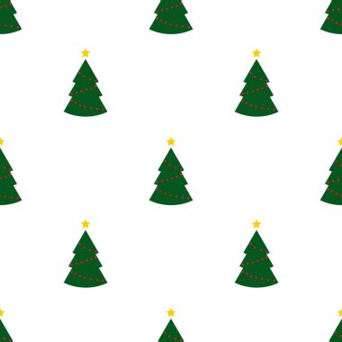 Yeşil Noel ağaçları ve beyaz arka planda yıldızlar olan kusursuz bir desen. Soyut duvar kâğıdı, ambalaj dekorasyonu. Mutlu Noeller, mutlu yıllar..