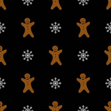 Zencefilli kahverengi erkek kurabiyesi ve siyah arka planda noel tasarımı için kusursuz desenler. Soyut duvar kâğıdı, ambalaj dekorasyonu. Mutlu Noeller, mutlu yıllar.