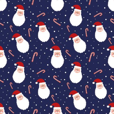 Noel Baba 'nın kusursuz deseni ve mavi arka planda şeker kamışı. Noel arkaplanı. Çizgi film Noel Baba baş karlı tasarım. Güzel ambalaj kağıdı. Komik çocuksu yeni yıl kumaş şablonu, duvar kağıdı.