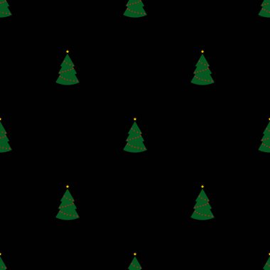Siyah arka planda yeşil noel ağaçları olan kusursuz bir desen. Soyut duvar kâğıdı, ambalaj dekorasyonu. Mutlu Noeller, mutlu yıllar..