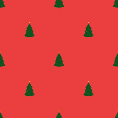 Kusursuz desenli yeşil Noel ağaçları ve kırmızı arka planda ışıklar. Soyut duvar kâğıdı, ambalaj dekorasyonu. Mutlu Noeller, mutlu yıllar..