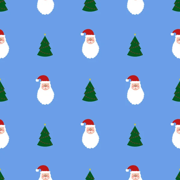 Yeşil Noel ağaçları ve mavi arka planda Noel Baba olan kusursuz bir desen. Soyut duvar kâğıdı, ambalaj dekorasyonu. Mutlu Noeller, mutlu yıllar..