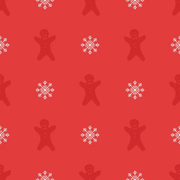 ジンジャーブレッドマンクッキーと赤を背景にクリスマスデザインのための雪片シームレスパターン 抽象的な壁紙 ラッピング装飾 メリークリスマス 新年明けましておめでとう — ストック写真
