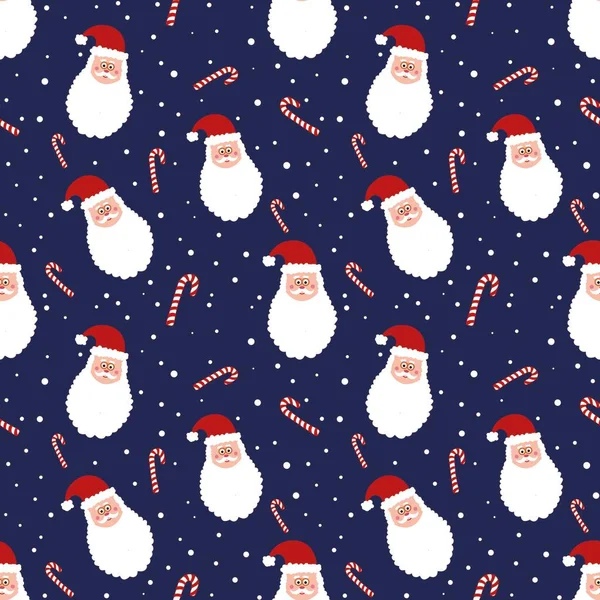 Noel Baba 'nın kusursuz deseni ve mavi arka planda şeker kamışı. Noel arkaplanı. Çizgi film Noel Baba baş karlı tasarım. Güzel ambalaj kağıdı. Komik çocuksu yeni yıl kumaş şablonu, duvar kağıdı.