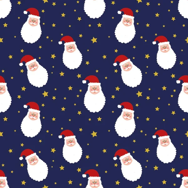 Noel Baba 'nın kusursuz deseni ve mavi arka planda yıldızlar. Noel arkaplanı. Çizgi film Noel Baba baş karlı tasarım. Güzel ambalaj kağıdı. Komik çocuksu yeni yıl kumaş şablonu, duvar kağıdı.