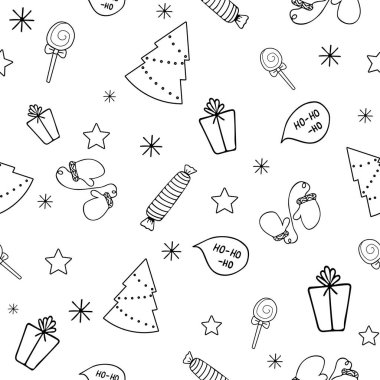 Noel desensiz siyah beyaz desenli hediyeler, Noel ağacı, şeker, eldiven, yıldız, kar tanesi tatil ikonları, yeni yıl kutlamaları. Yazdırma ve paketleme için tasarım