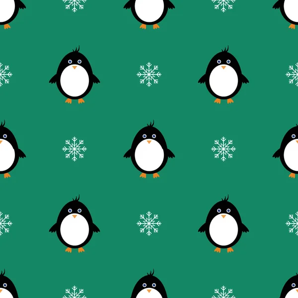 Patrón Sin Costuras Con Pingüinos Copos Nieve Sobre Fondo Verde — Foto de Stock