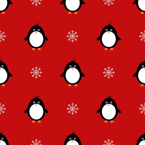 Patrón Sin Costuras Con Pingüinos Copos Nieve Sobre Fondo Rojo — Foto de Stock
