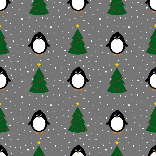 Patrón Sin Costuras Con Pingüino Árbol Navidad Sobre Fondo Gris — Foto de Stock