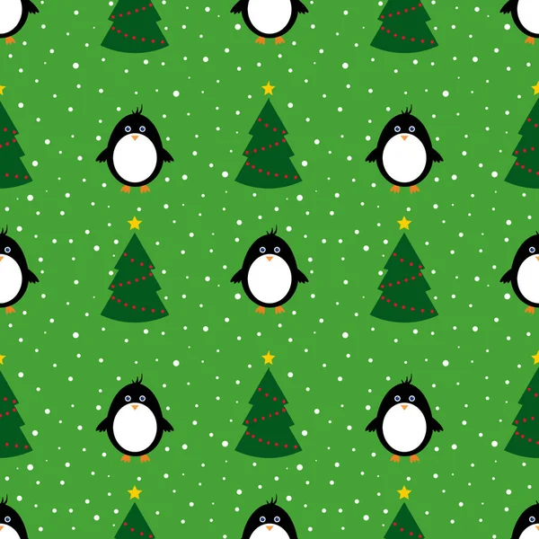 Patrón Sin Costuras Con Pingüino Árbol Navidad Sobre Fondo Verde — Foto de Stock