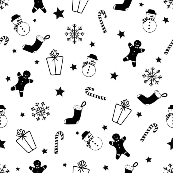 Christmas Seamless Black White Pattern Gift Candy Star Snowflake Snowman — Stock Photo, Image