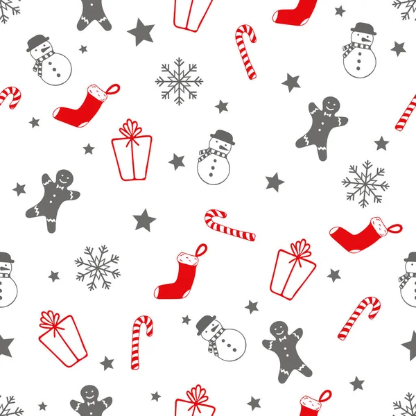 Рождественский Бесшовный Красный Серый Белый Узор Подарком Конфеты Звезда Снежинка — стоковое фото