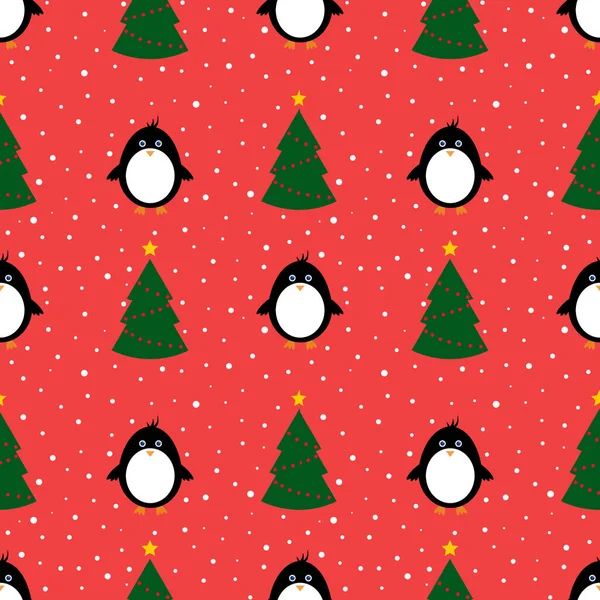 Naadloos Patroon Met Pinguïn Kerstboom Rode Achtergrond Kerst Achtergrond Leuk Stockafbeelding
