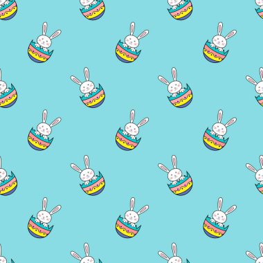 Mavi arkaplanda yumurta kabuklu tavşan desenli paskalya tatilin kutlu olsun. Sevimli çizgi film karakteri.