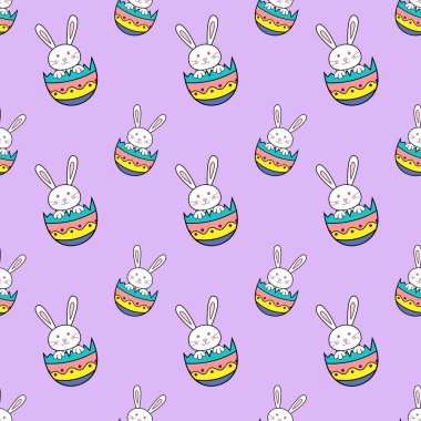 Mor arkaplanlı yumurta kabuklu tavşan desenli mutlu Paskalyalar. Sevimli çizgi film karakteri.