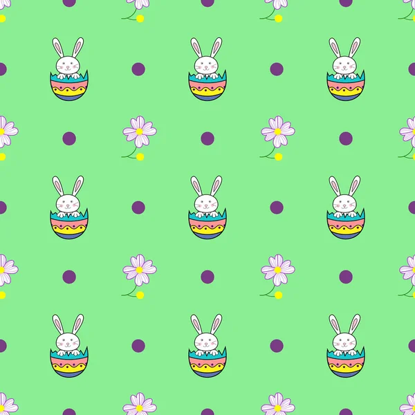 Happy Easter Seamless Pattern Rabbit Egg Flower Shell Green Background — Stock Photo, Image
