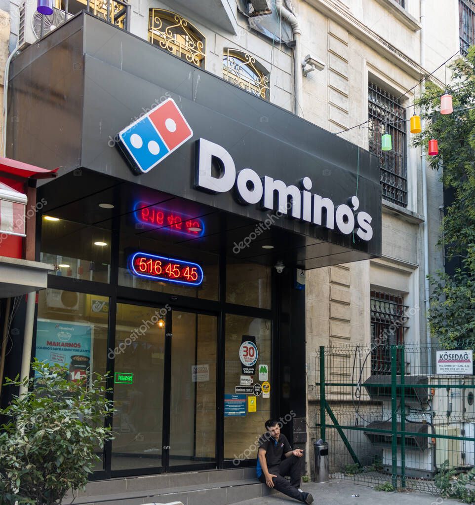Kumkapi, Fatih, lstanbul - Turkey - August 30 2021: Dominos Pizza Restaurant Kumkapi Istanbul branch exterior view
